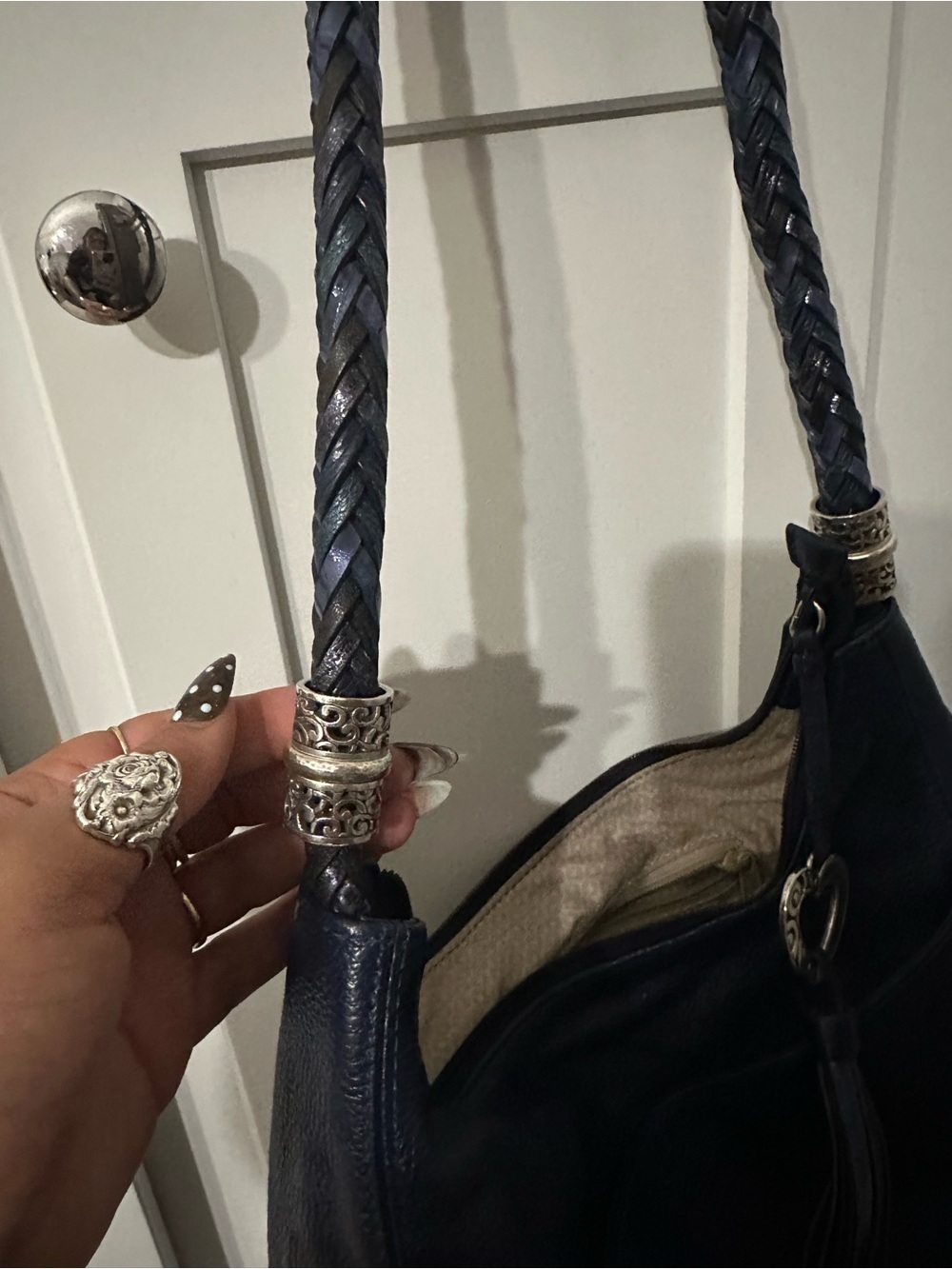 Brighton Navy Braided-Handle Leather Hobo with Heart Charm - Picture 4 of 8